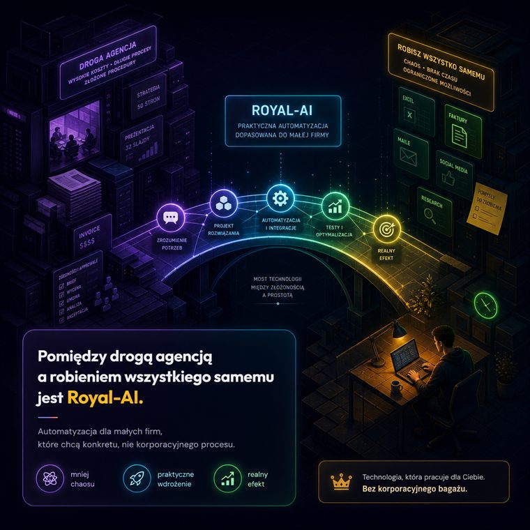 Cyberpunk illustration showing Royal-AI as a bridge between agency overhead and practical small business automation